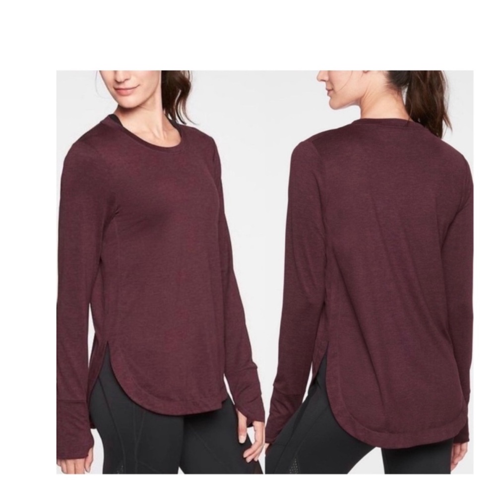 Women's Athleta Uptempo Long Sleeve Tee Burgundy Size Medium, curved hem